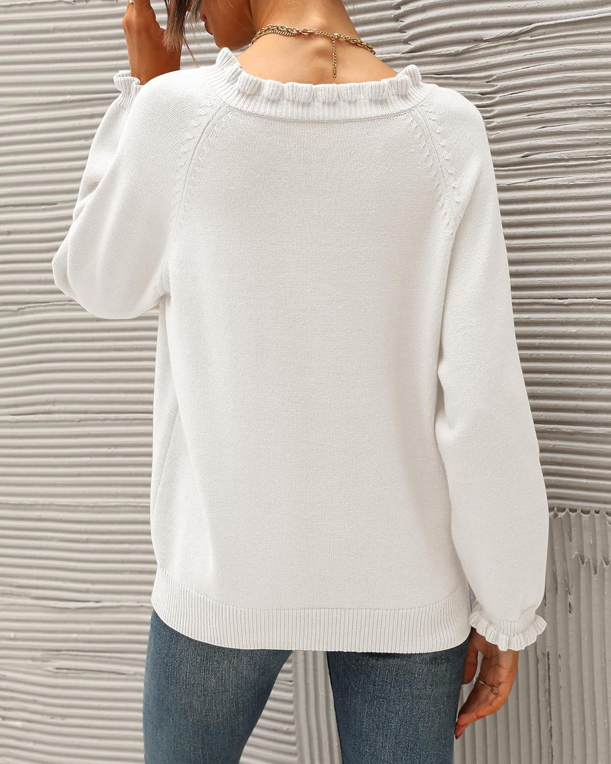 imageBTFBM Womens Sweaters Fall Winter Clothes 2025 Long Sleeve Button Down Ruffle Crew Neck Casual Knitted Pullover TopsWhite