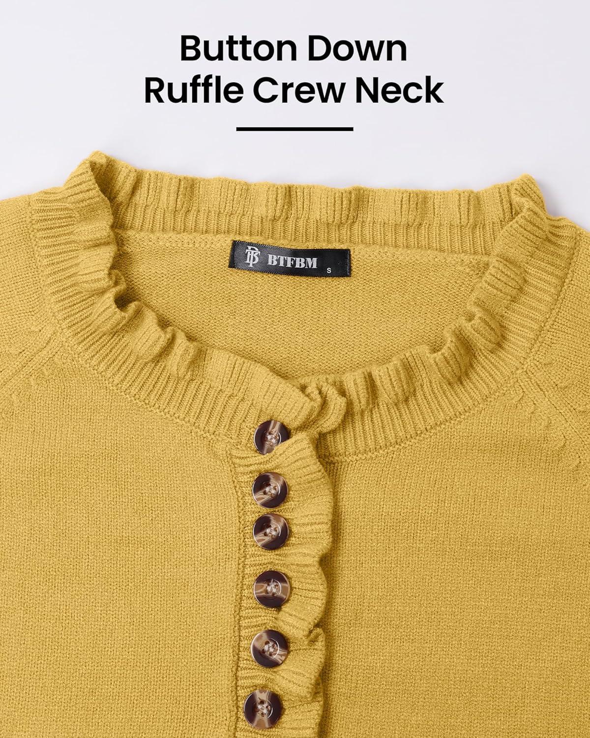 imageBTFBM Womens Sweaters Fall Winter Clothes 2025 Long Sleeve Button Down Ruffle Crew Neck Casual Knitted Pullover TopsYellow