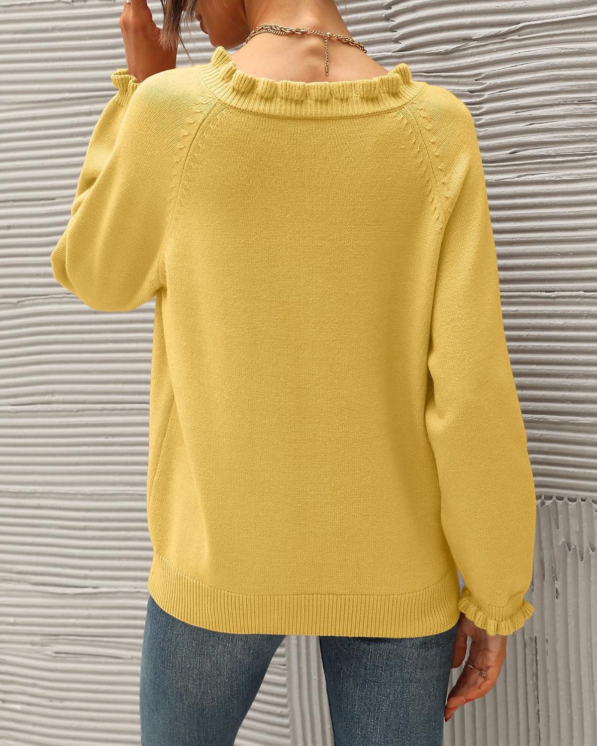 imageBTFBM Womens Sweaters Fall Winter Clothes 2025 Long Sleeve Button Down Ruffle Crew Neck Casual Knitted Pullover TopsYellow