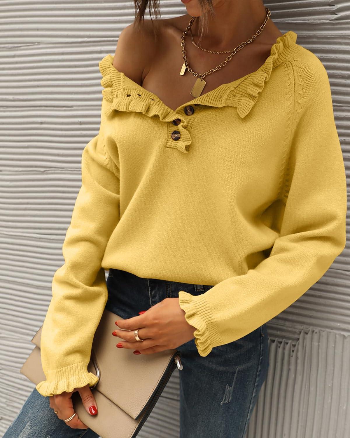 imageBTFBM Womens Sweaters Fall Winter Clothes 2025 Long Sleeve Button Down Ruffle Crew Neck Casual Knitted Pullover TopsYellow