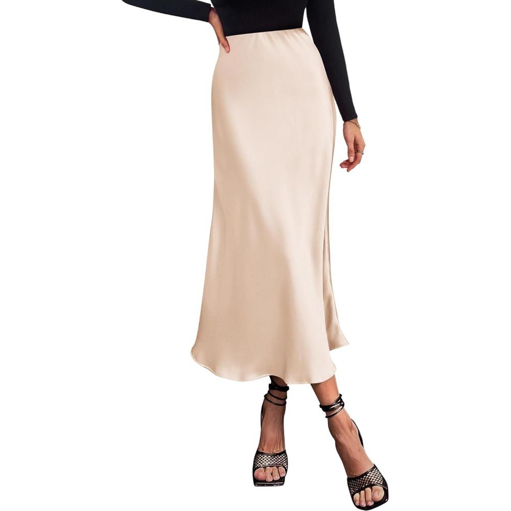 imageBTFBM 2025 Womens Summer Fall Long Satin Skirt Silk Elegant High Waist Cocktail Party Wedding Flowy ALine Midi SkirtsBeige
