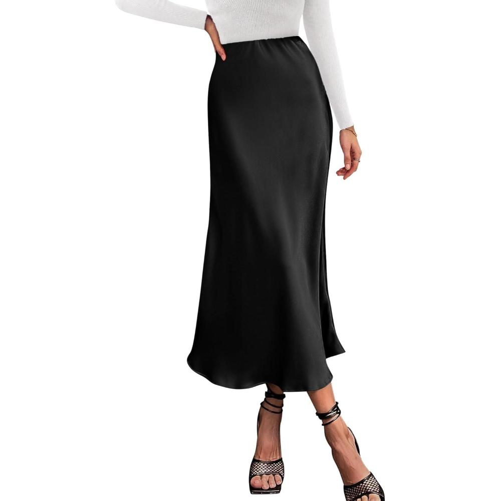 imageBTFBM 2025 Womens Summer Fall Long Satin Skirt Silk Elegant High Waist Cocktail Party Wedding Flowy ALine Midi SkirtsBlack