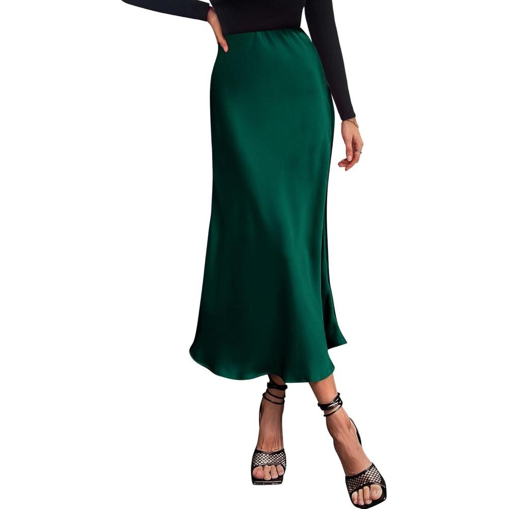 imageBTFBM 2025 Womens Summer Fall Long Satin Skirt Silk Elegant High Waist Cocktail Party Wedding Flowy ALine Midi SkirtsDark Green