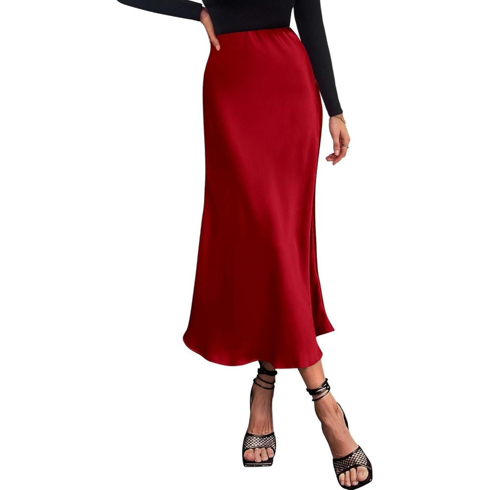 imageBTFBM 2025 Womens Summer Fall Long Satin Skirt Silk Elegant High Waist Cocktail Party Wedding Flowy ALine Midi SkirtsDark Red