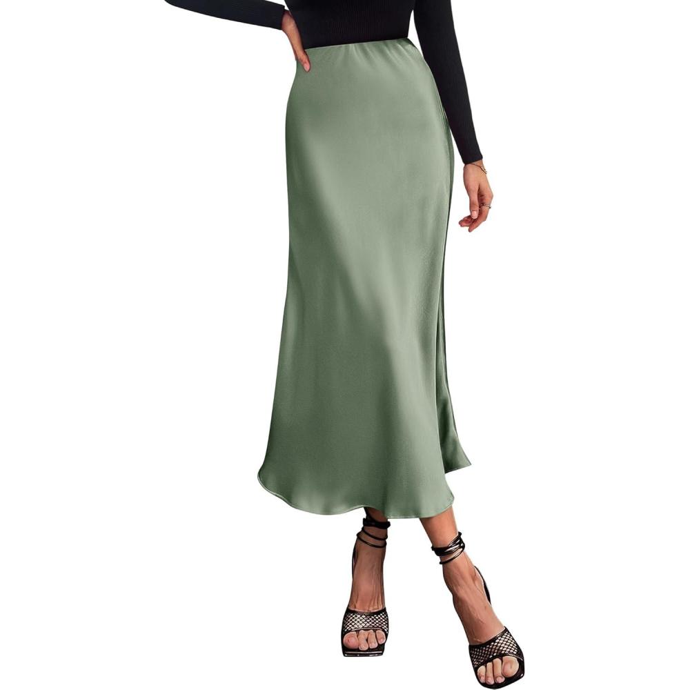 imageBTFBM 2025 Womens Summer Fall Long Satin Skirt Silk Elegant High Waist Cocktail Party Wedding Flowy ALine Midi SkirtsLight Green