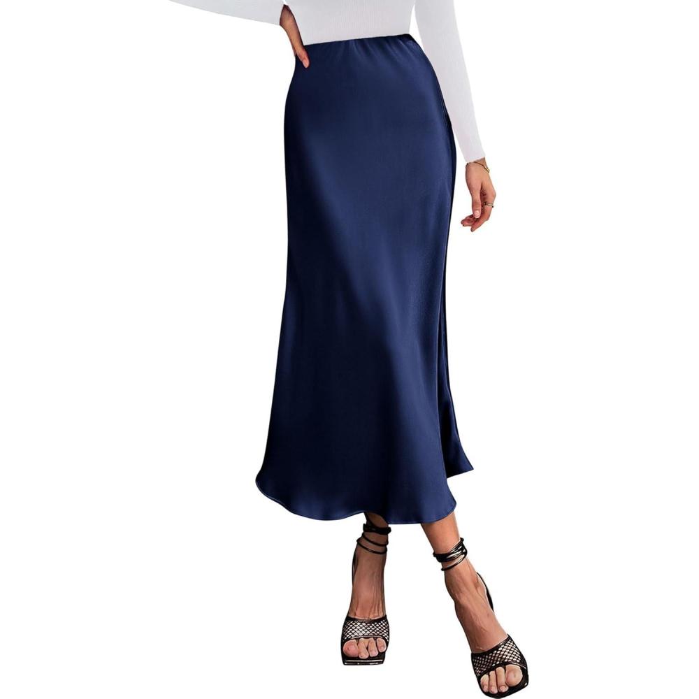 imageBTFBM 2025 Womens Summer Fall Long Satin Skirt Silk Elegant High Waist Cocktail Party Wedding Flowy ALine Midi SkirtsNavy