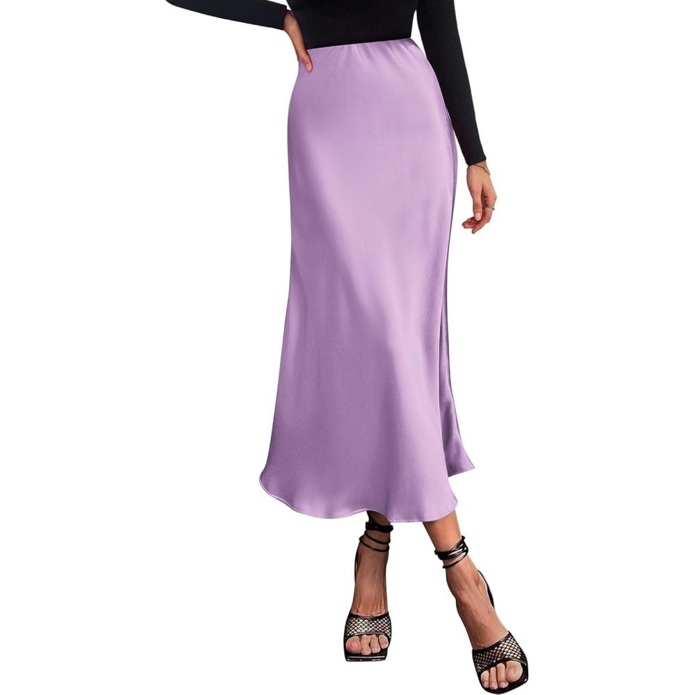 imageBTFBM 2025 Womens Summer Fall Long Satin Skirt Silk Elegant High Waist Cocktail Party Wedding Flowy ALine Midi SkirtsPurple