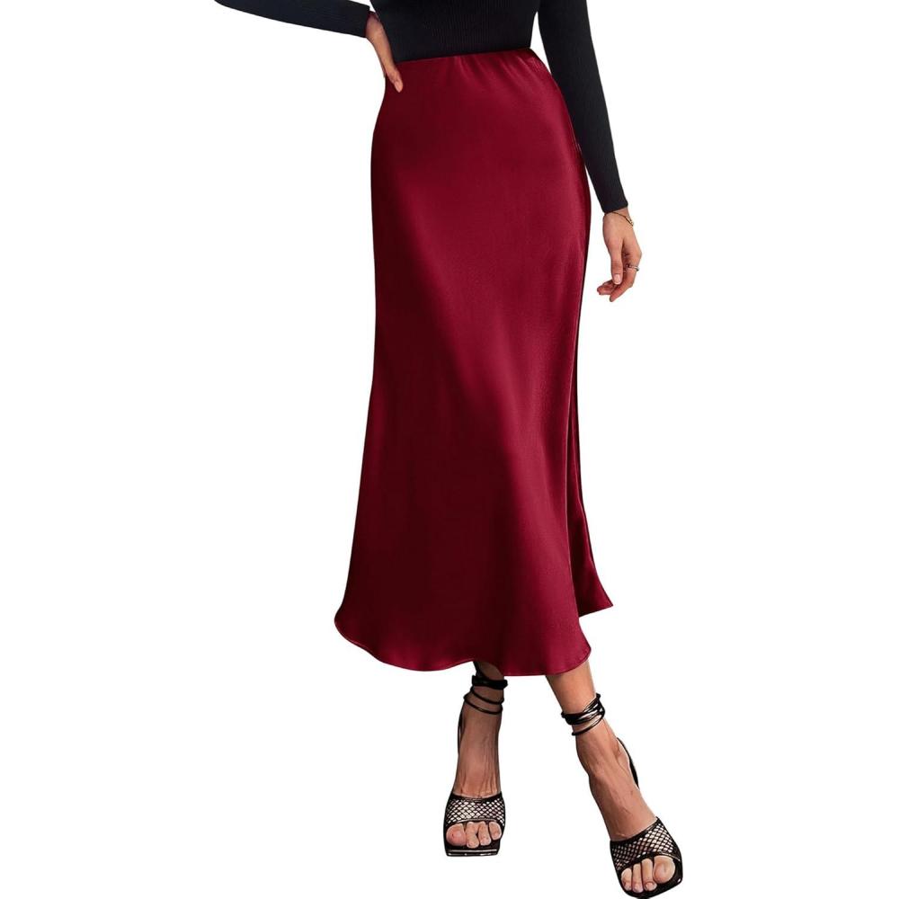 imageBTFBM 2025 Womens Summer Fall Long Satin Skirt Silk Elegant High Waist Cocktail Party Wedding Flowy ALine Midi SkirtsWine Red