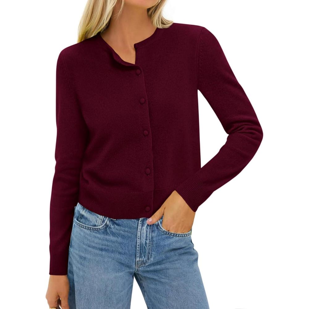 imageBTFBM Cardigan Sweaters for Women Cashmere Sweater Lightweight Button Down Casual Knit Shrugs Tops Early Fall FashionBurgundy