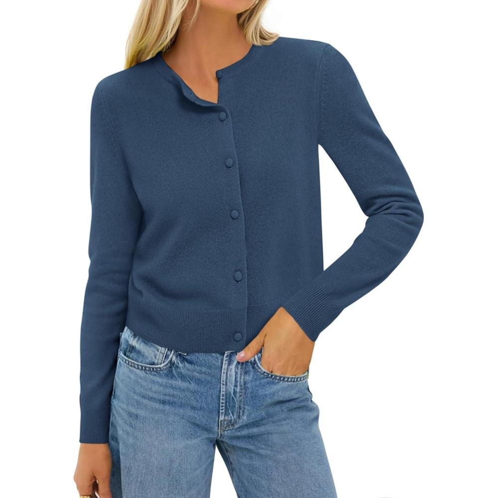 imageBTFBM Cardigan Sweaters for Women Cashmere Sweater Lightweight Button Down Casual Knit Shrugs Tops Early Fall FashionDark Blue