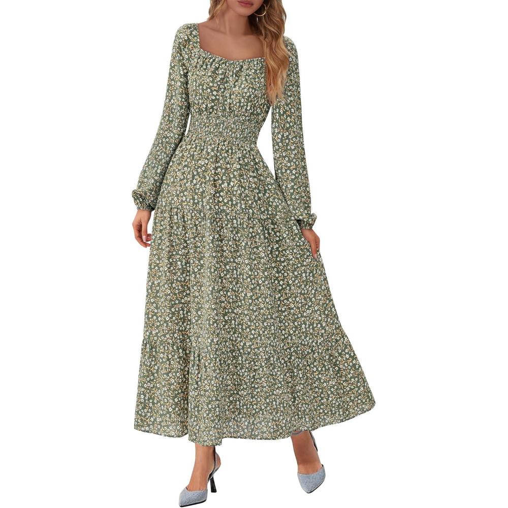 imageBTFBM Fall Dresses for Women 2025 Long Sleeve Boho Floral Empire Waist Square Neck Casual Flowy Wedding Guest Maxi DressFloral Army Green
