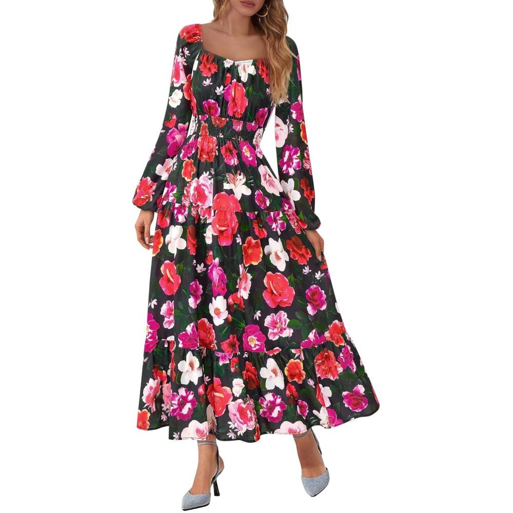 imageBTFBM Fall Dresses for Women 2025 Long Sleeve Boho Floral Empire Waist Square Neck Casual Flowy Wedding Guest Maxi DressFloral Black Multi
