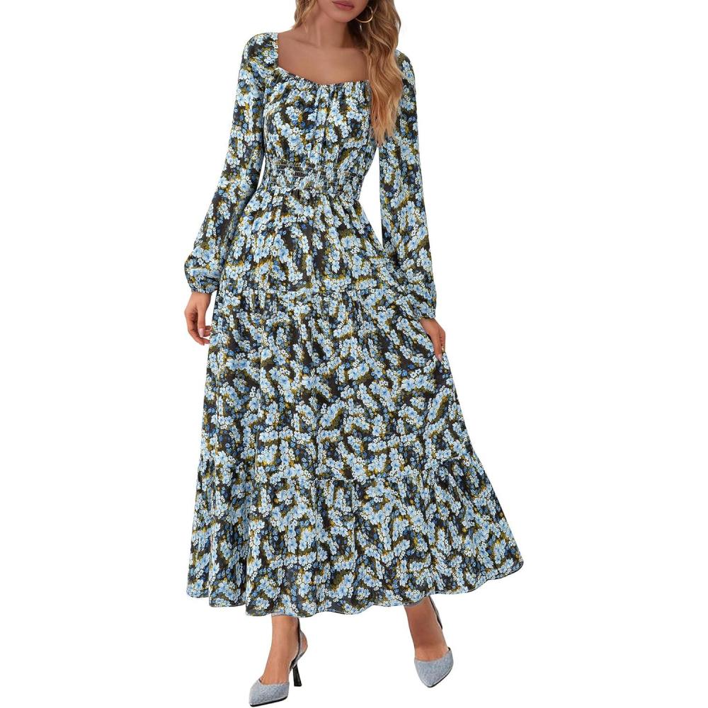imageBTFBM Fall Dresses for Women 2025 Long Sleeve Boho Floral Empire Waist Square Neck Casual Flowy Wedding Guest Maxi DressFloral Blue Yellow