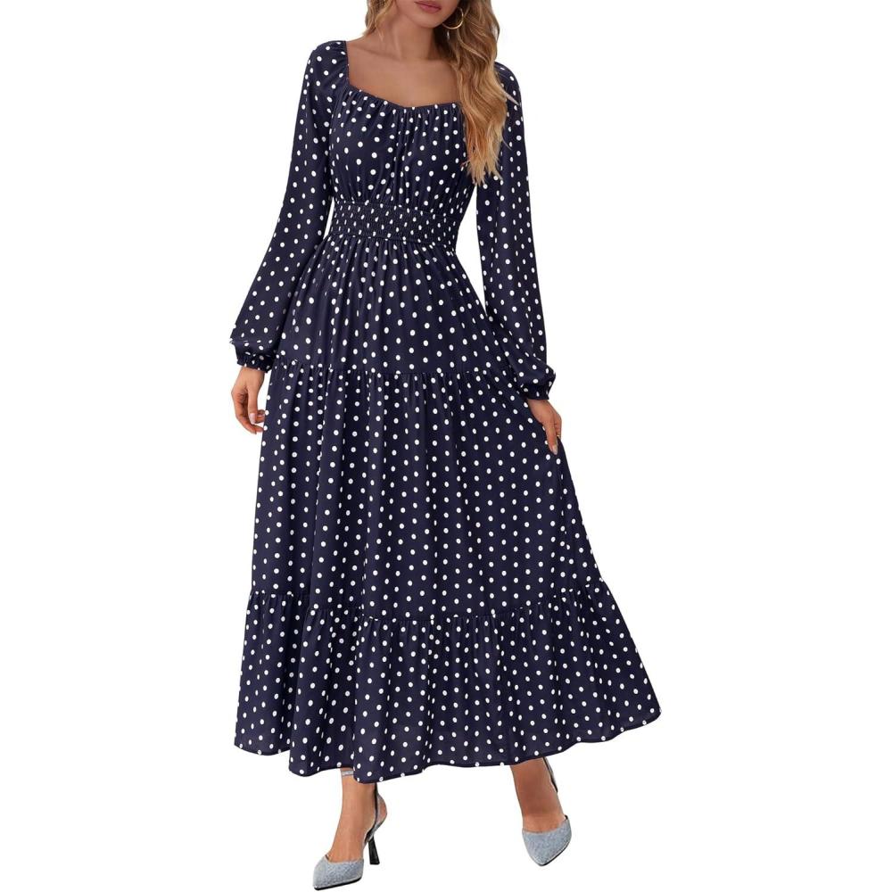 imageBTFBM Fall Dresses for Women 2025 Long Sleeve Boho Floral Empire Waist Square Neck Casual Flowy Wedding Guest Maxi DressPolka Dot Blue White