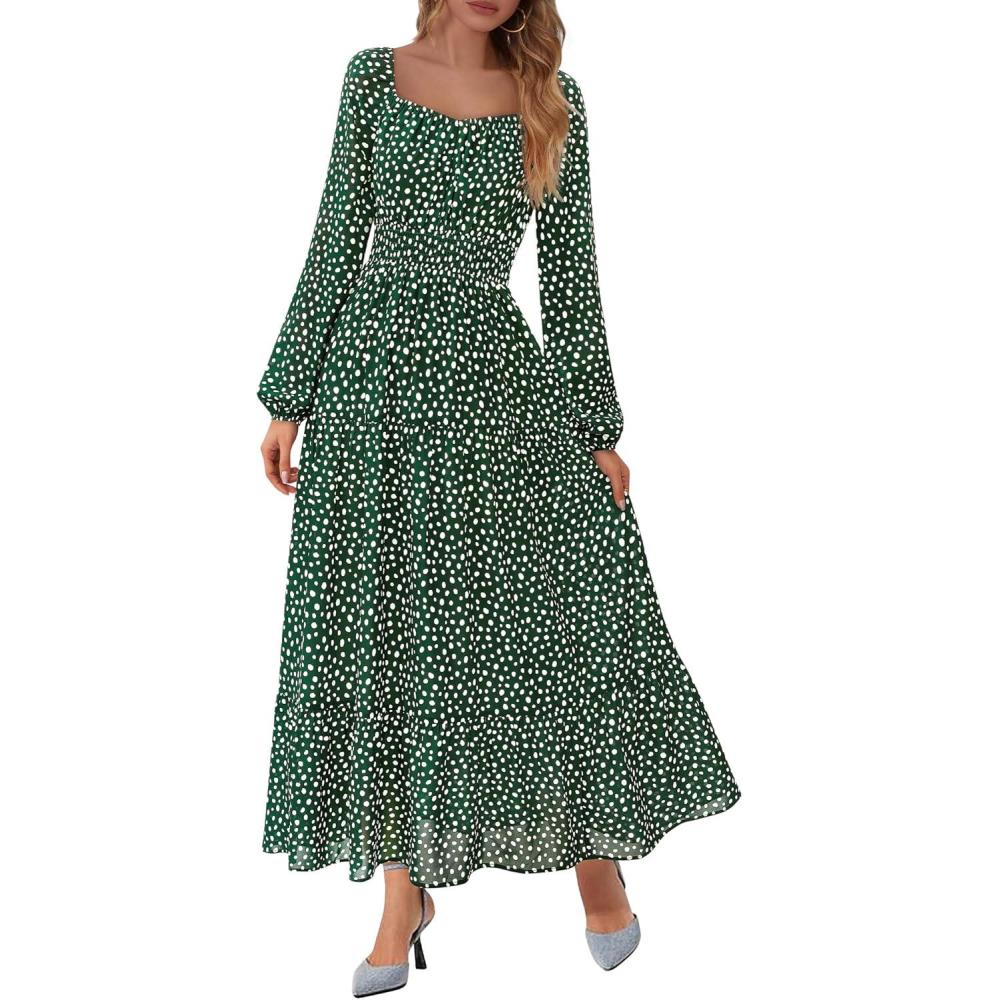 imageBTFBM Fall Dresses for Women 2025 Long Sleeve Boho Floral Empire Waist Square Neck Casual Flowy Wedding Guest Maxi DressPolka Dot Green
