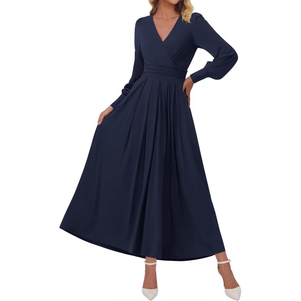 imageBTFBM Womens Long Sleeve Maxi Dress Fall 2025 Casual V Neck Knit A Line Flowy Pockets Elegant Party Wedding Guest DressesNavy