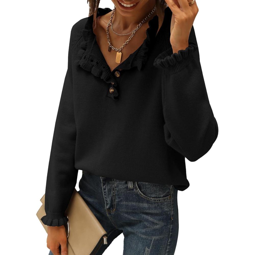 imageBTFBM Womens Sweaters Fall Winter Clothes 2025 Long Sleeve Button Down Ruffle Crew Neck Casual Knitted Pullover TopsBlack