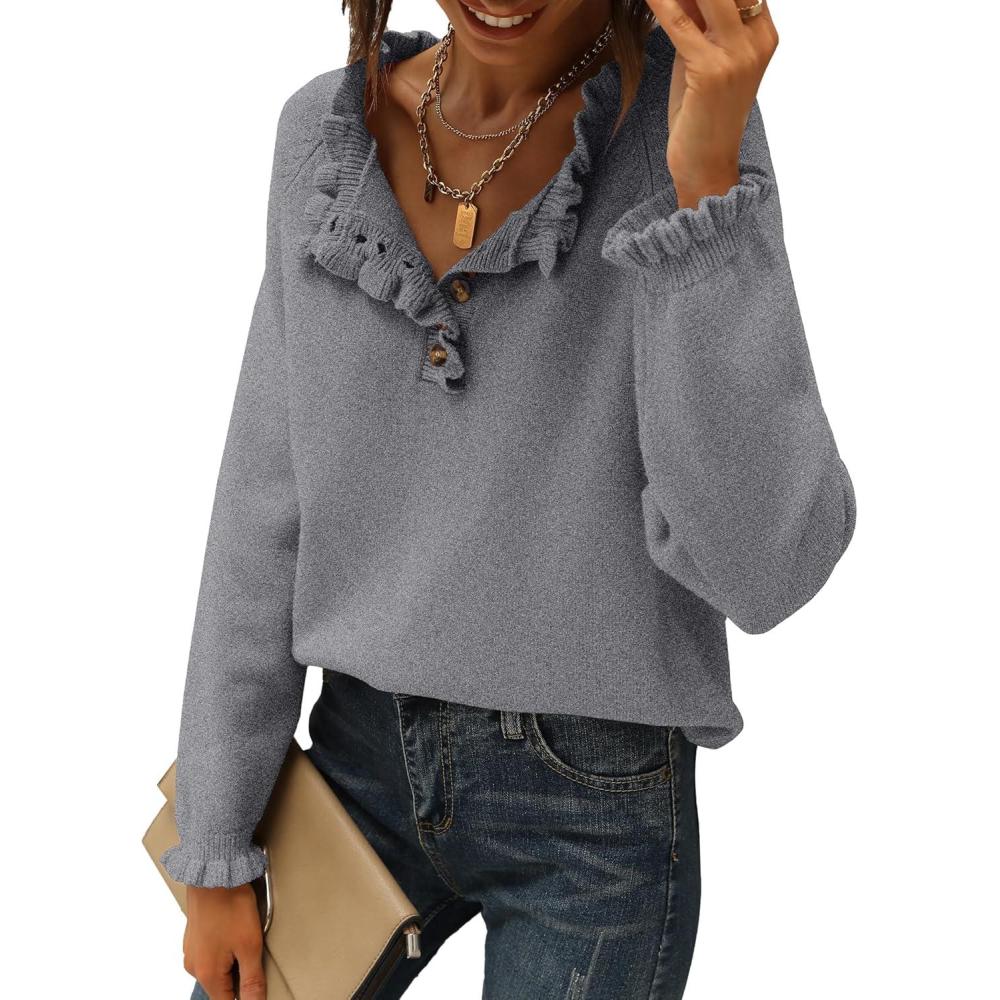 imageBTFBM Womens Sweaters Fall Winter Clothes 2025 Long Sleeve Button Down Ruffle Crew Neck Casual Knitted Pullover TopsGrey