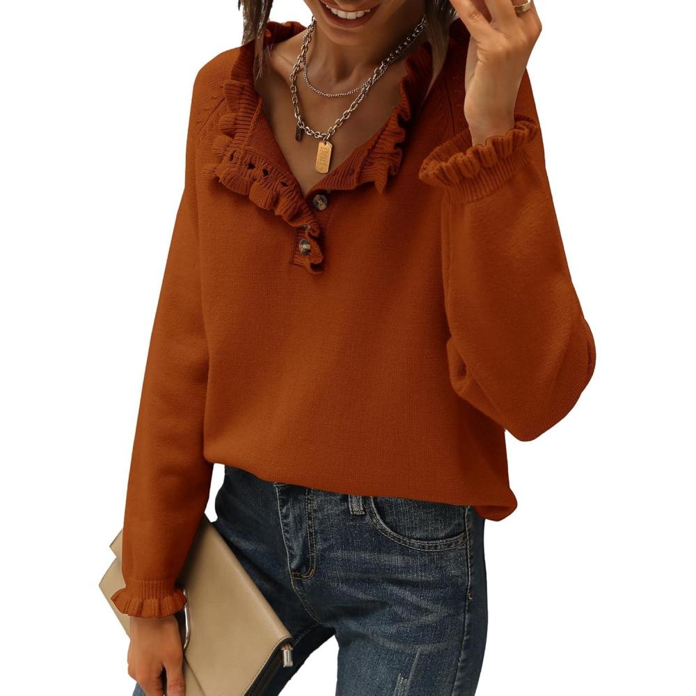 imageBTFBM Womens Sweaters Fall Winter Clothes 2025 Long Sleeve Button Down Ruffle Crew Neck Casual Knitted Pullover TopsOrange Yellow