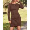 imageBTFBM Fall Dresses for Women 2025 Basic Casual Crew Neck Long Sleeve Ruched Bodycon Short T Shirt Dress Wedding GuestDark Brown