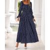 imageBTFBM Fall Dresses for Women 2025 Long Sleeve Boho Floral Empire Waist Square Neck Casual Flowy Wedding Guest Maxi DressPolka Dot Blue White