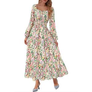 imageBTFBM Fall Dresses for Women 2025 Long Sleeve Boho Floral Empire Waist Square Neck Casual Flowy Wedding Guest Maxi DressFloral Apricot Multi