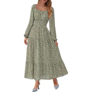 imageBTFBM Fall Dresses for Women 2025 Long Sleeve Boho Floral Empire Waist Square Neck Casual Flowy Wedding Guest Maxi DressFloral Army Green
