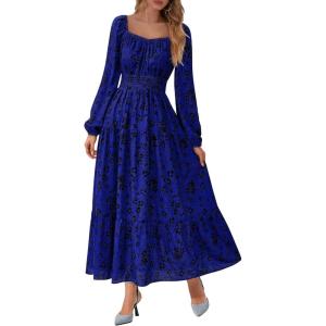 imageBTFBM Fall Dresses for Women 2025 Long Sleeve Boho Floral Empire Waist Square Neck Casual Flowy Wedding Guest Maxi DressFloral Blue Black
