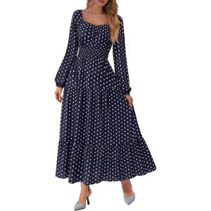 imageBTFBM Fall Dresses for Women 2025 Long Sleeve Boho Floral Empire Waist Square Neck Casual Flowy Wedding Guest Maxi DressPolka Dot Blue White