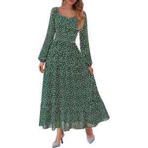 imageBTFBM Fall Dresses for Women 2025 Long Sleeve Boho Floral Empire Waist Square Neck Casual Flowy Wedding Guest Maxi DressPolka Dot Green