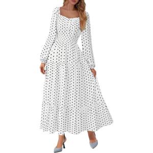 imageBTFBM Fall Dresses for Women 2025 Long Sleeve Boho Floral Empire Waist Square Neck Casual Flowy Wedding Guest Maxi DressPolka Dot White Black