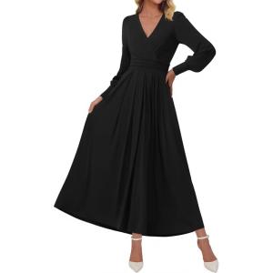 imageBTFBM Womens Long Sleeve Maxi Dress Fall 2025 Casual V Neck Knit A Line Flowy Pockets Elegant Party Wedding Guest DressesBlack