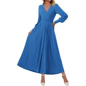 imageBTFBM Womens Long Sleeve Maxi Dress Fall 2025 Casual V Neck Knit A Line Flowy Pockets Elegant Party Wedding Guest DressesBlue