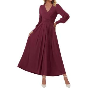 imageBTFBM Womens Long Sleeve Maxi Dress Fall 2025 Casual V Neck Knit A Line Flowy Pockets Elegant Party Wedding Guest DressesBurgundy