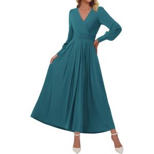 imageBTFBM Womens Long Sleeve Maxi Dress Fall 2025 Casual V Neck Knit A Line Flowy Pockets Elegant Party Wedding Guest DressesTeal
