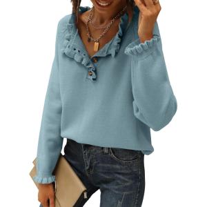 imageBTFBM Womens Sweaters Fall Winter Clothes 2025 Long Sleeve Button Down Ruffle Crew Neck Casual Knitted Pullover TopsBlue