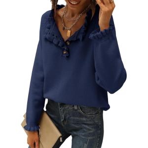imageBTFBM Womens Sweaters Fall Winter Clothes 2025 Long Sleeve Button Down Ruffle Crew Neck Casual Knitted Pullover TopsBright Blue