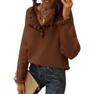imageBTFBM Womens Sweaters Fall Winter Clothes 2025 Long Sleeve Button Down Ruffle Crew Neck Casual Knitted Pullover TopsBrown Coffee