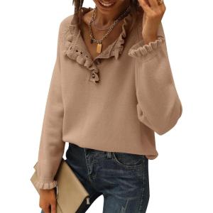 imageBTFBM Womens Sweaters Fall Winter Clothes 2025 Long Sleeve Button Down Ruffle Crew Neck Casual Knitted Pullover TopsKhaki