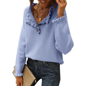 imageBTFBM Womens Sweaters Fall Winter Clothes 2025 Long Sleeve Button Down Ruffle Crew Neck Casual Knitted Pullover TopsSky Blue