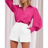 imageBTFBM Women Satin Button Down Shirts Lantern Long Sleeve Blouses Summer Fall Business Casual Outfits Dressy Work TopsRose Red