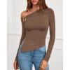 imageBTFBM Off The Shoulder Tops for Women Trendy 2025 Asymmetrical Long Sleeve Fitted Fall Going Out Top Y2K ClothesBrown