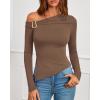 imageBTFBM Off The Shoulder Tops for Women Trendy 2025 Asymmetrical Long Sleeve Fitted Fall Going Out Top Y2K ClothesBrown