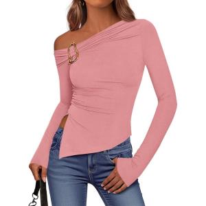 imageBTFBM Off The Shoulder Tops for Women Trendy 2025 Asymmetrical Long Sleeve Fitted Fall Going Out Top Y2K ClothesPink