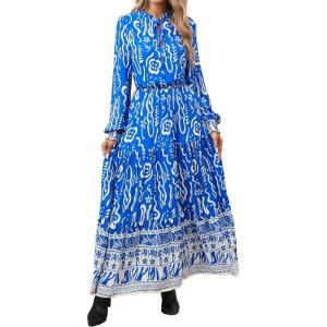 imageBTFBM Womens Boho Maxi Dress 2025 Casual V Neck Long Sleeve Front Tie Button Flowy Fall Wedding Guest Dresses PocketsBlue White Flower