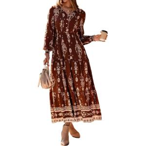 imageBTFBM Womens Boho Maxi Dress 2025 Casual V Neck Long Sleeve Front Tie Button Flowy Fall Wedding Guest Dresses PocketsBrown