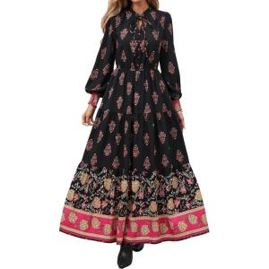 imageBTFBM Womens Boho Maxi Dress 2025 Casual V Neck Long Sleeve Front Tie Button Flowy Fall Wedding Guest Dresses PocketsFloral Black Multicolored