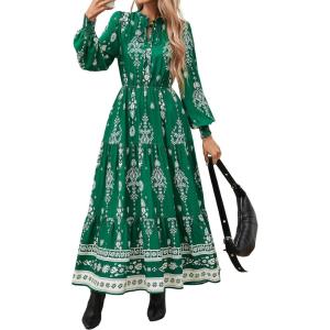 imageBTFBM Womens Boho Maxi Dress 2025 Casual V Neck Long Sleeve Front Tie Button Flowy Fall Wedding Guest Dresses PocketsGreen White Flower