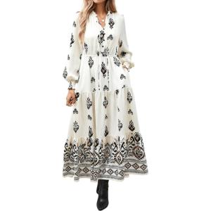 imageBTFBM Womens Boho Maxi Dress 2025 Casual V Neck Long Sleeve Front Tie Button Flowy Fall Wedding Guest Dresses PocketsWhite Black Flower