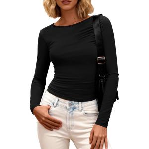 imageBTFBM Womens Tops 2025 Fall Clothes Long Sleeve T Shirts Boat Neck Ruched Slim Fit Casual Stretchy Going Out OutfitsBlack